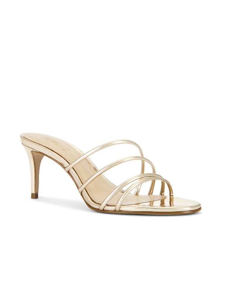 Schutz Inez Mule In Platina Gold Metallic Leather Strappy Heels Sandals 7 / 37